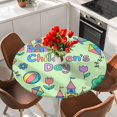 thumbnail image 2 of Children's Day Round Tablecloth 36-44 Inch Round Fitted Table Cloth with Elastic Edge, Airplanes Sailing Boats Tree Cartoon Green Waterproof Table Cover Protector for Outdoor Picnic Party Dining, 2 of 9