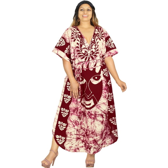 HAPPY BAY Women's Summer Batik Caftan Maxi Night Loungewear Dashiki House Dress Kaftan Sleepwear for Women Nightgown Plus Size 2X-3X Rosewood, Mask