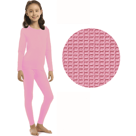 Girls Cotton Blend Waffle Knit Thermal Top & Bottom Underwear Set, Pink, Medium