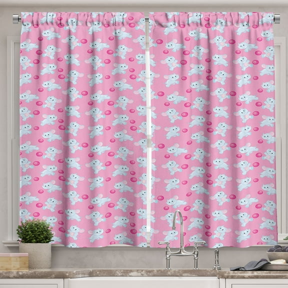 Elephant Curtains 2 Panels Set, Kids Girls Design Pattern with Happy Baby Animals Joyful Fun Playing Dots, Window Drapes for Living Room Bedroom, 55W X 39L Inches, Pink Baby Blue, by Ambesonne