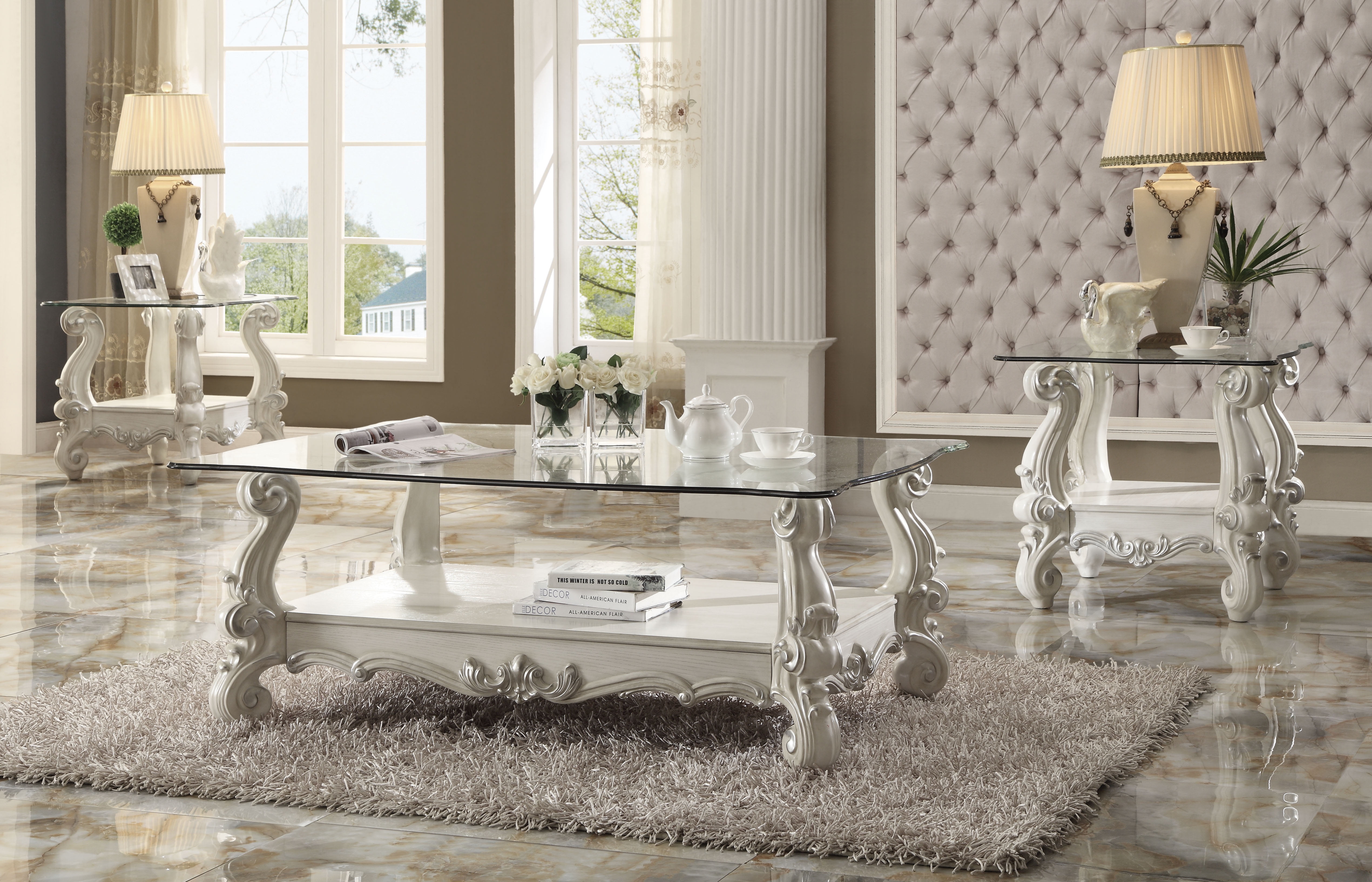 Acme Versailles End Table Bone White & Clear Glass
