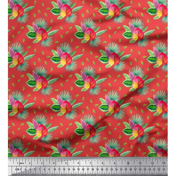Soimoi Japan Crepe Satin Fabric Leaves Tropical Printed Craft Fabric by the Yard 42 Inch Wide