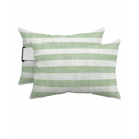 Stripe Outdoor Head Resting Pillows with Insert Vintage Sage Green Stripes Farmhouse Linen Texture 2 Pack Waterproof Lumbar Pillows with Adjustable Elastic Strap for Patio Chaise Beach Chair, 12"x20"