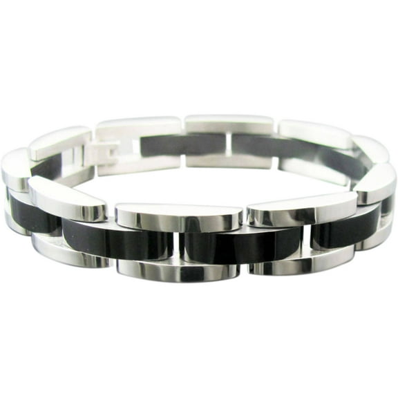 Men's Polished Black/Steel Stainless Steel Semi-Circle Link Bracelet, 8.75"