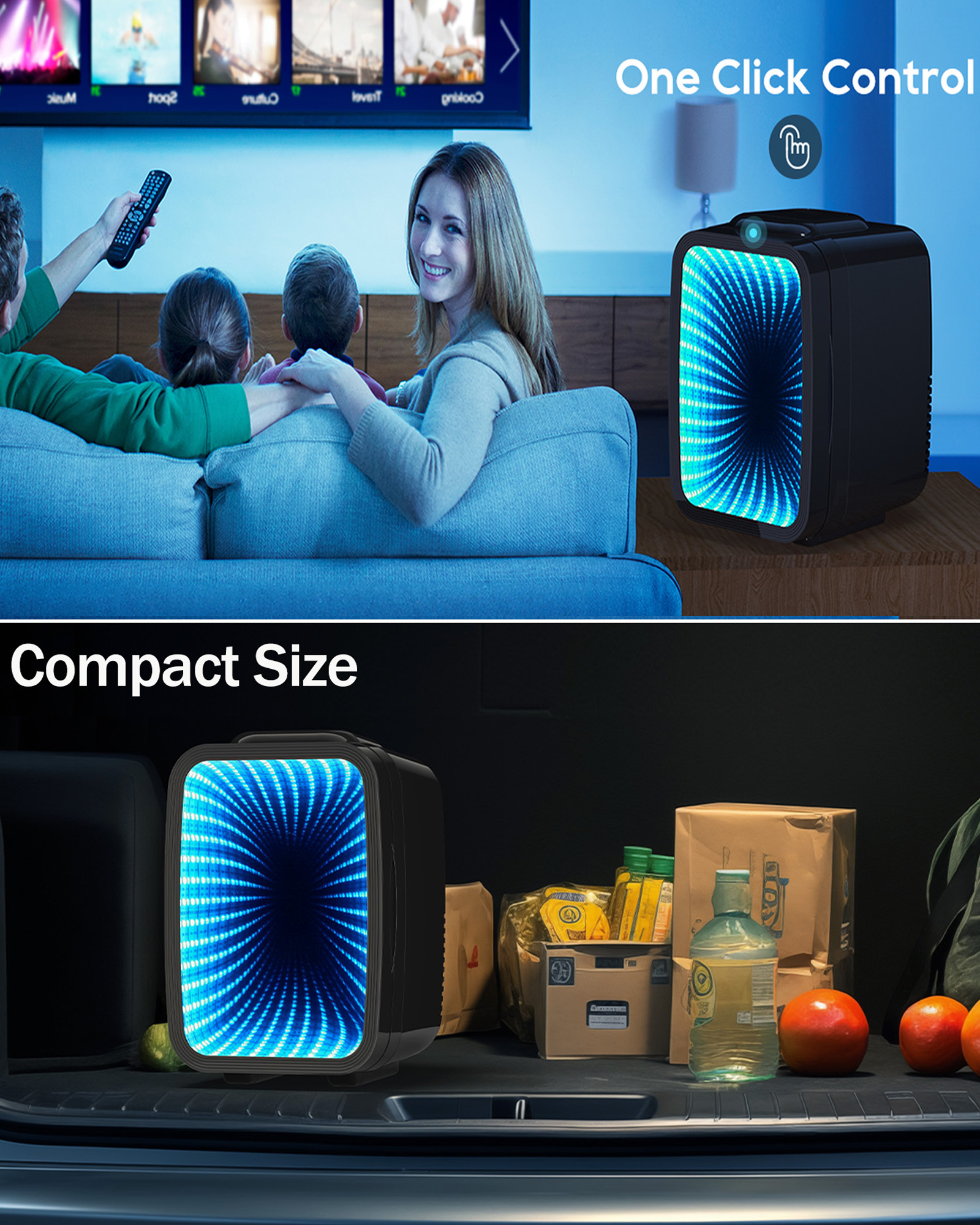 Aisutha Mini Fridge, 4 Liter/6 Cans Small Refrigerator With 6 Colorful Dimmable LED Light,Portable Cooler and Warmer mini fridge for Gaming room, Bedroom,Office and Car (Black)