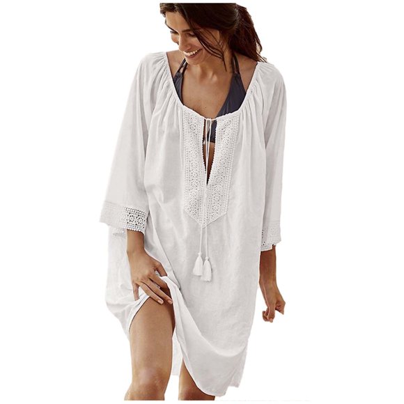 Pompotops Womens Sexy Short Sleeve Kimono Swimwear Cover Up Solid Color Blouse Tops