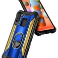 thumbnail image 3 of For Samsung Galaxy A11 Case, with Tempered Glass Screen Protector (Full Coverage), Aluminum Metal Built-in Ring Stand, Full-Body Protective Shockproof Military Bumper Phone Cover (Blue/Gold), 3 of 6