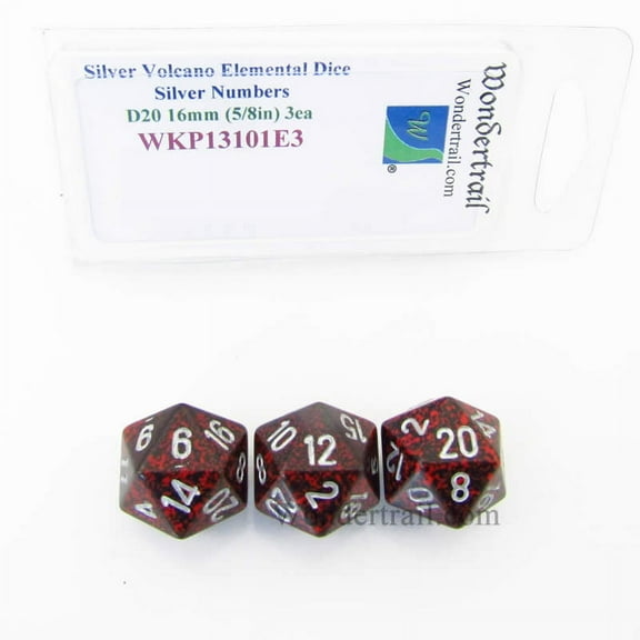 Silver Volcano Elemental Dice with Silver Numbers 16mm (5/8in) D20 Pack of 3 Wondertrail