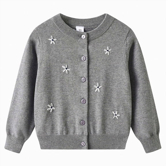 Cdudpw Girl's Flower Button Down Knitted Cardigan Loose Cute Crop Sweater Outwear(M240-Dark Gray)