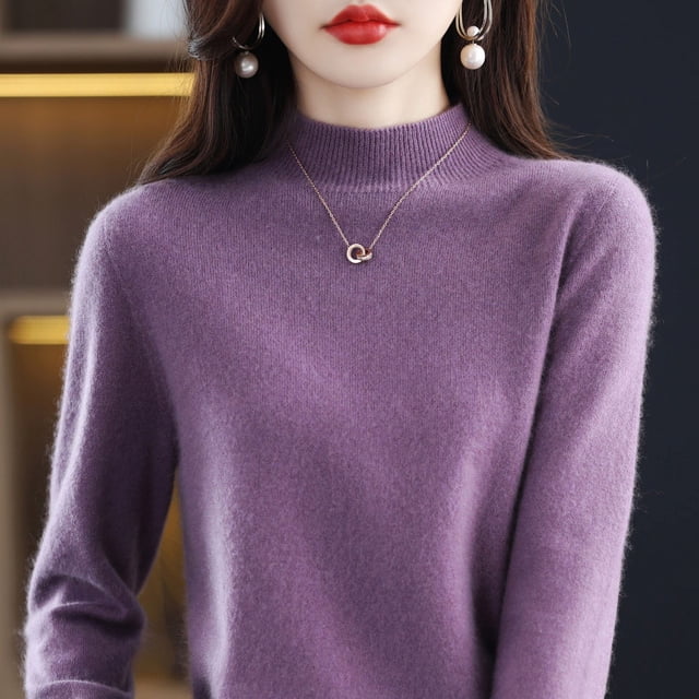 Suéter de cuello alto de media lana pura de primera línea, jersey de color sólido para mujer, camisa de punto que combina con todo