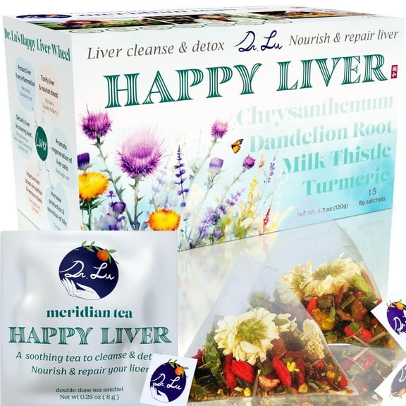 Dr. Lu’s Meridian Tea Happy Liver Tea | 100% Natural Liver Cleanse Detox & Repair Tea | 11-Flavor Milk Thistle, Turmeric, Chrysanthemum, Licorice Root, Dandelion Root Tea Blend for Liver Support