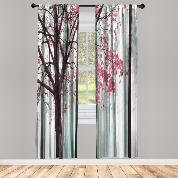 Ambesonne Autumn Curtains, Lonely Tree Leaves Woods, Pair of 28"x63", Pastel Pink