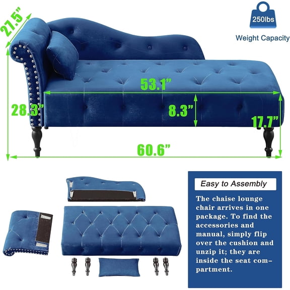 Modern Velvet Tufted Indoor Chaise Lounge Sofa for Comfortable Living Room Seating (Blue)