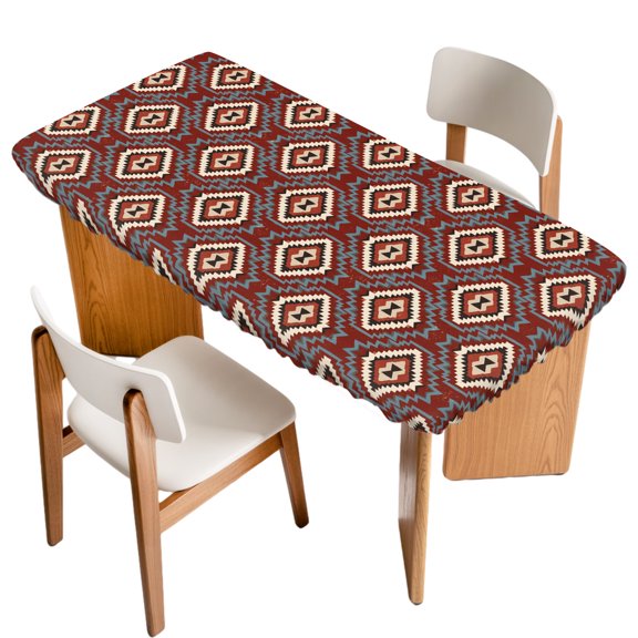 Fitted Tablecloth for 3 ft Rectangle Tables Red Diamonds Table Cover with Elastic Edge Geometric Bohemian Lines Waterproof Table Clothes for Patio Garden Dinner Party Picnic Indoor Outdoor Decor