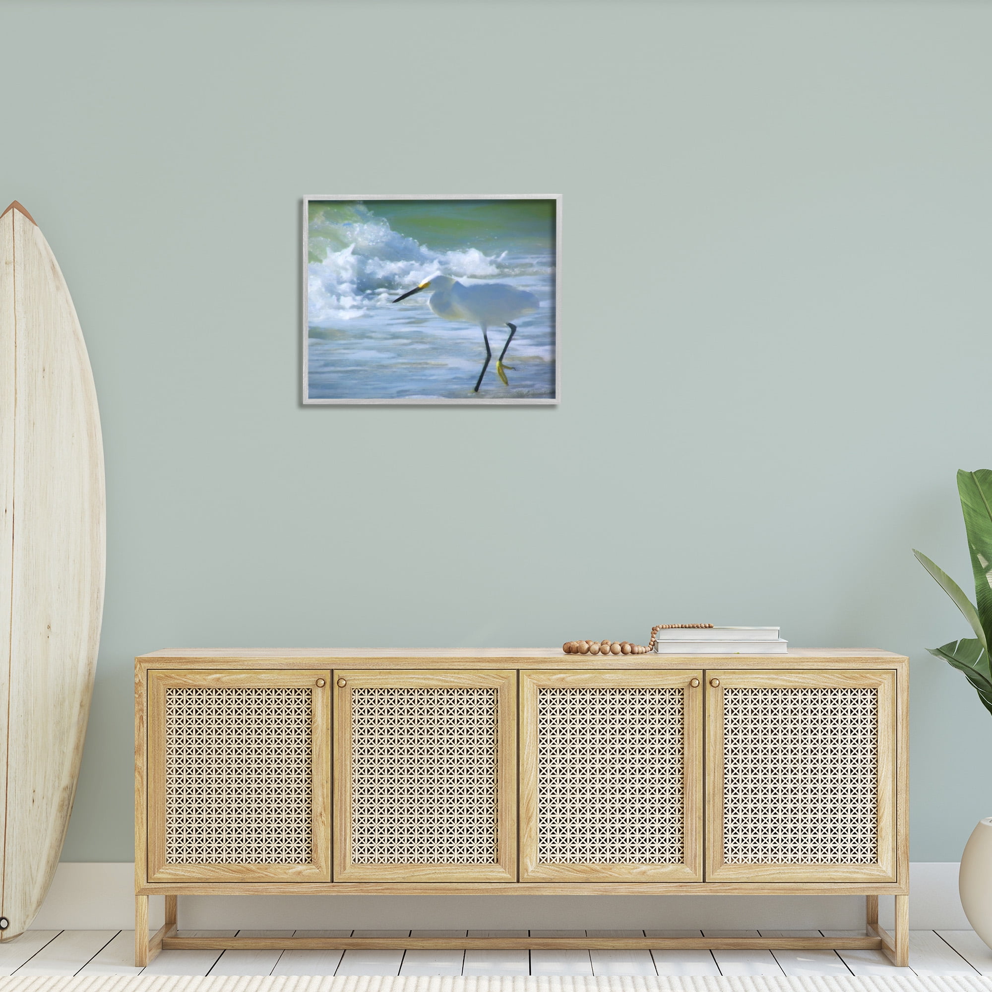 Stupell Industries Egret in Splashing Waves Landscape Painting Gray Framed Art Print Wall Art, 30 x 24