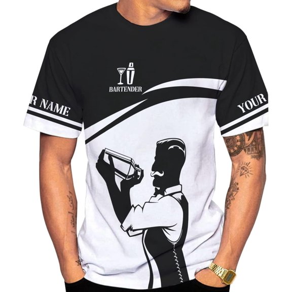 Personalized Bartender Shirt Custom Bartender Shirts Bartending 3D T Shirts Bartender Cocktail Wine Tshirt for Men and Women (S)
