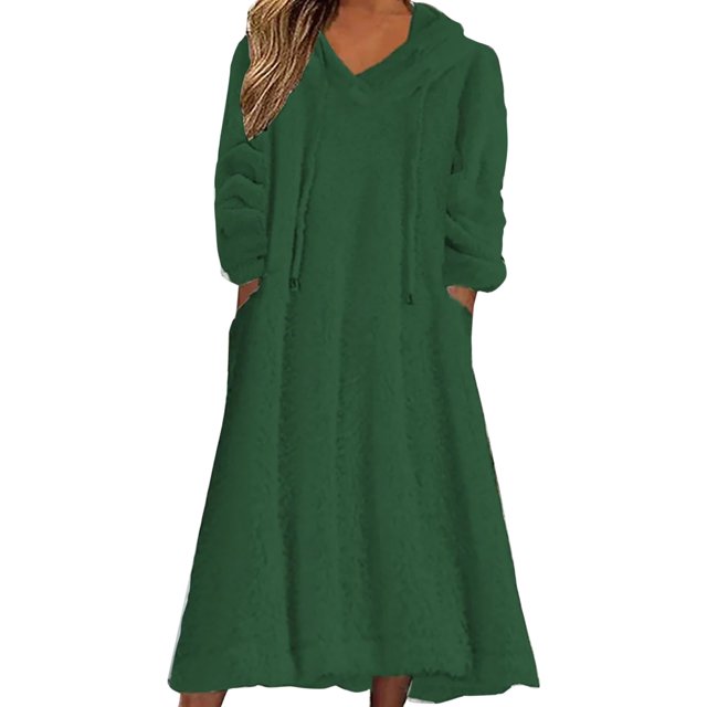 Prolriy Robe à Manches Longues pour Femmes Robe Décontractée Solide en Peluche à Capuche Robe Ample avec Poche Robe Chandail Robe Chandails Robes pour Femmes Vert TTTTG