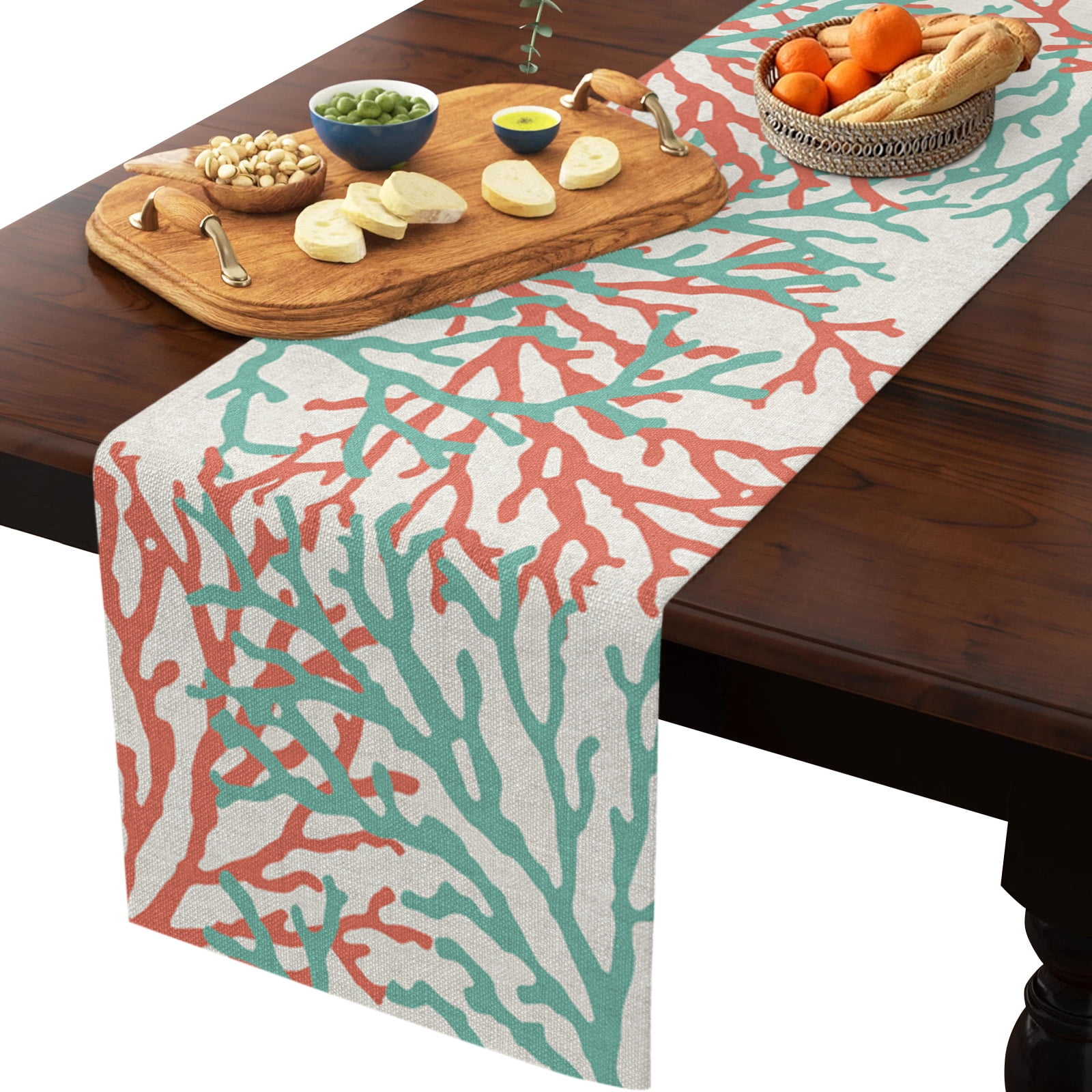 Table Runner Dresser Scarves 60 Inch Long, Ocean Teal and Orange Sea Coral on Linen Linen Dining Table Runners Nautical Abstract Marine Life Tabletop Scarf for Wedding Holiday Party Kitchen