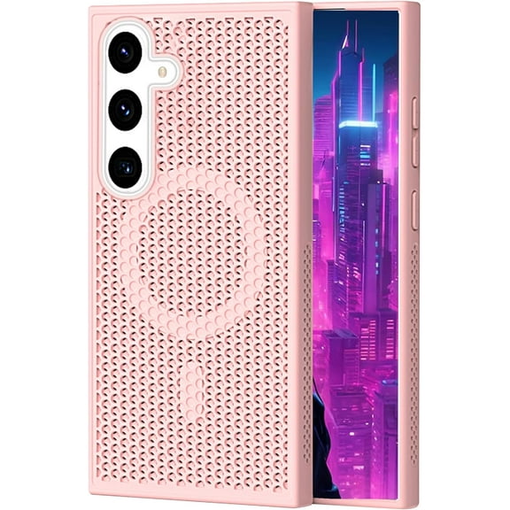 for Samsung Galaxy S25 Cooling Case with Magnetic Ring, Hard PC Slim Cellular Hole Heat Dissipation Mesh Breathable Hollow Honeycomb Case for Samsung Galaxy S25 SR-Pink