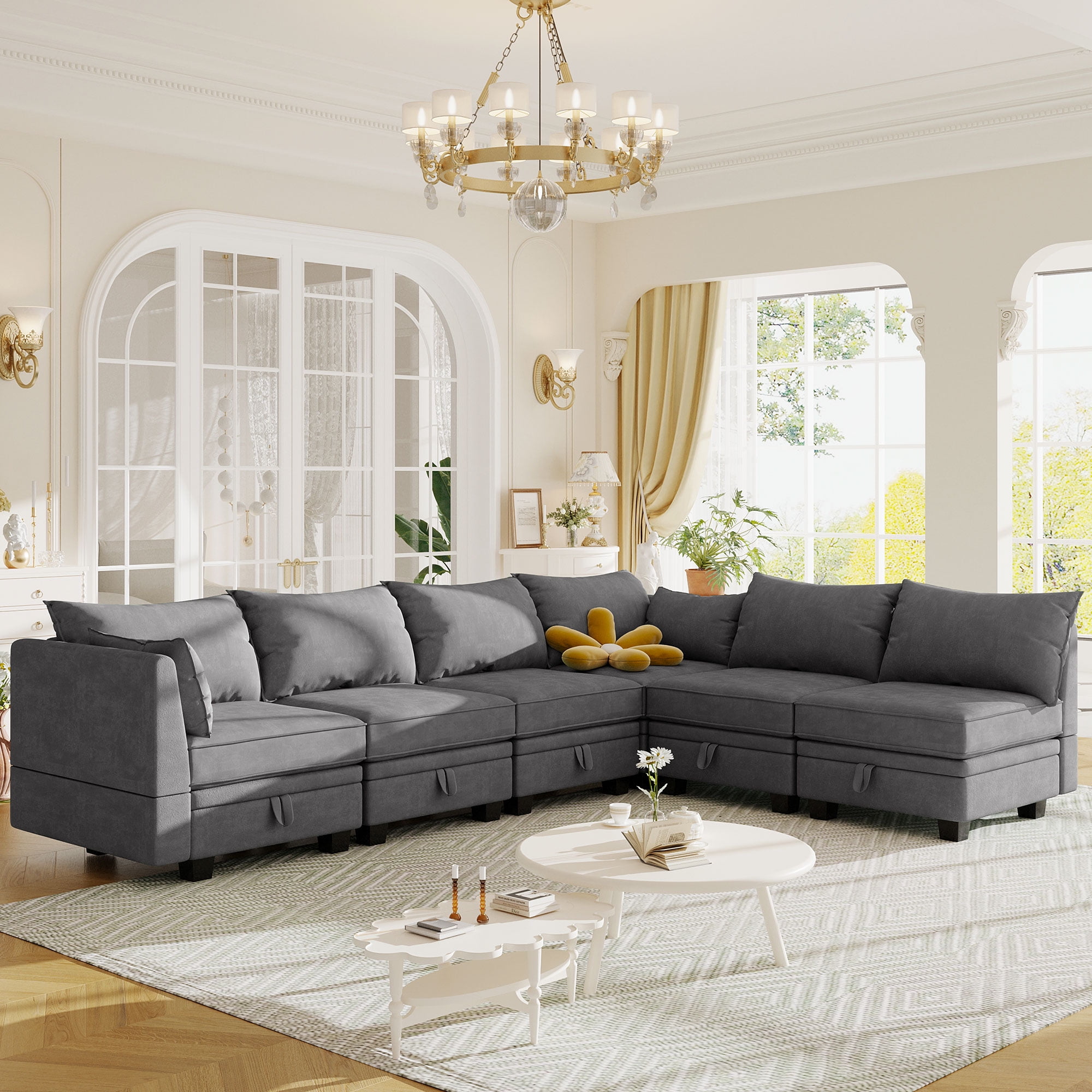 U shape combination 6 seater dark gray living sofa