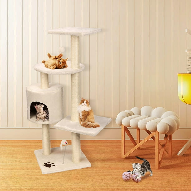 5 Layer Cat Trees with Sisal-Covered Scratching Posts, 44 Inch Activity  Tree Kitty Play House Cat Condo Tower Furniture (White)