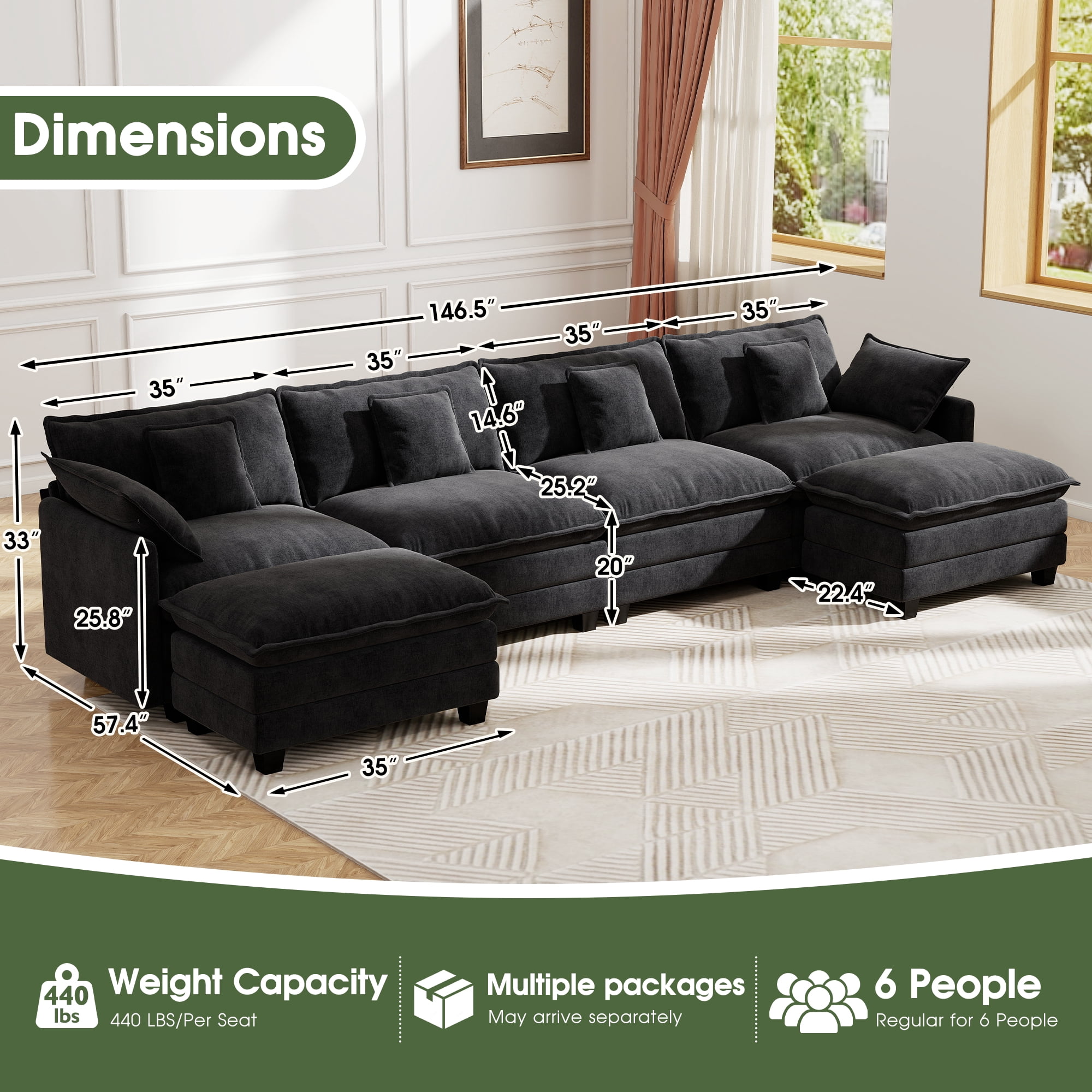 BedLuxury 146.5’’ U shape Modular Sectional Sofa with Movable Ottomans, Modern Chenille Deep Seat Couches for Living Room, Apartment, Office, 4-Seat, Black