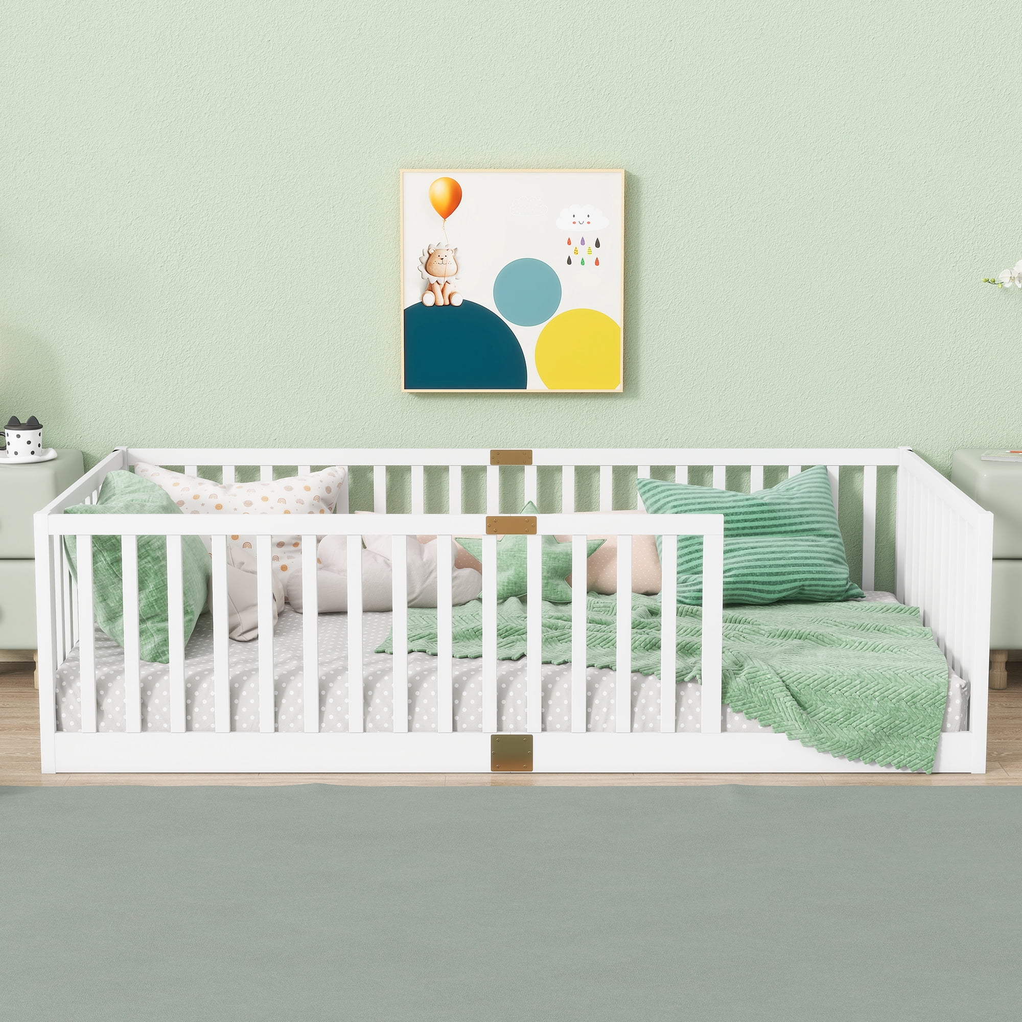 Miniyam Twin Size Floor Bed with High Safety Fence for Kids, White