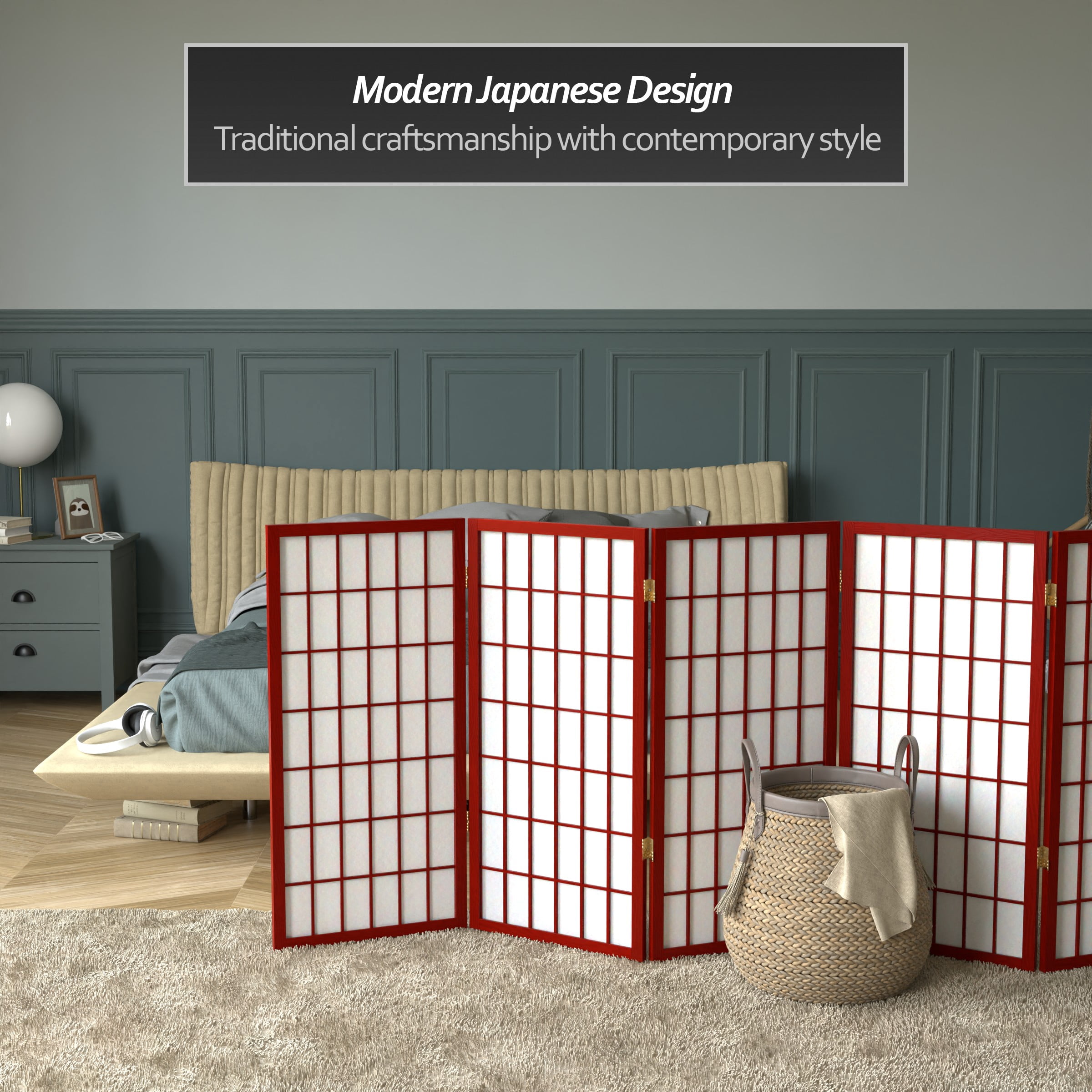 Red Lantern 3 ft. Short Window Pane Shoji Screen - Rosewood - 5 Panels