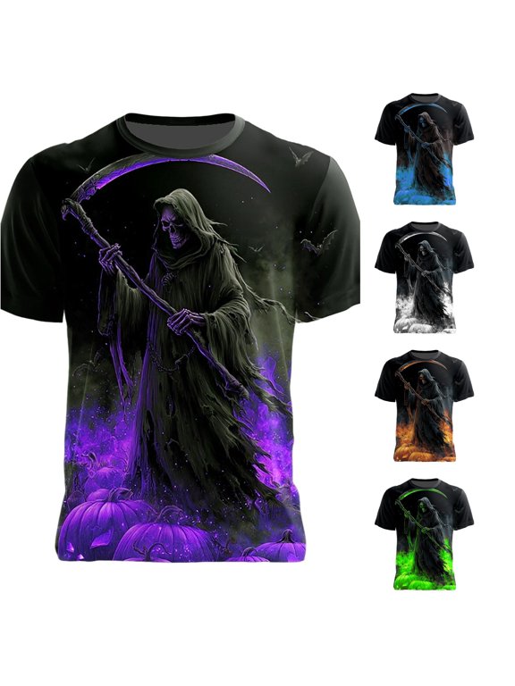 Men Halloween Graphic Print Short Sleeve Tennis T Shirt Casual Crew Neck Tee Top For Fall Season Party And Everyday Wear