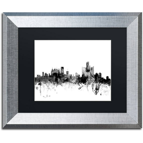 Trademark Fine Art "Detroit Michigan Skyline B&W" Canvas Art by Michael Tompsett, Black Matte, Silver Frame