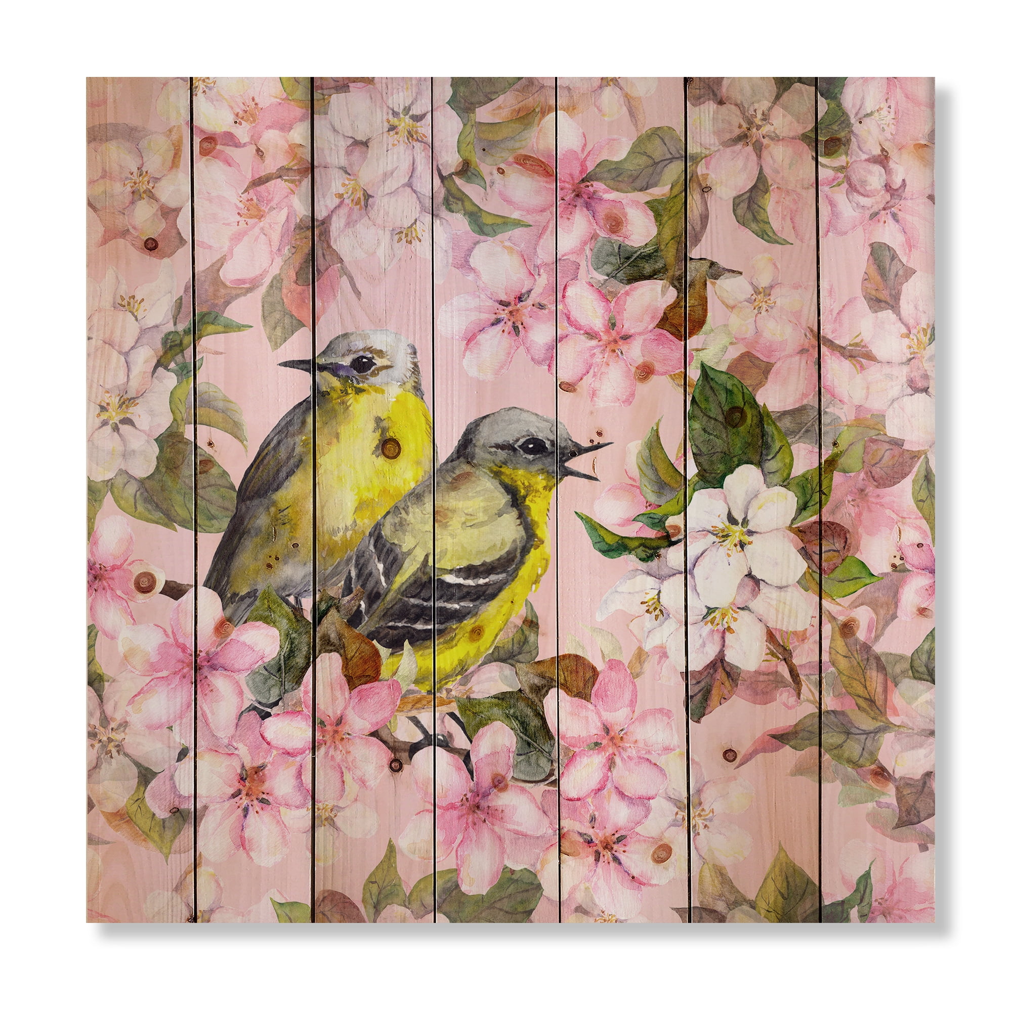 Designart 'Birds On Pink Cherry Sakura and Apple Flowers I' Traditional Print on Natural Pine Wood