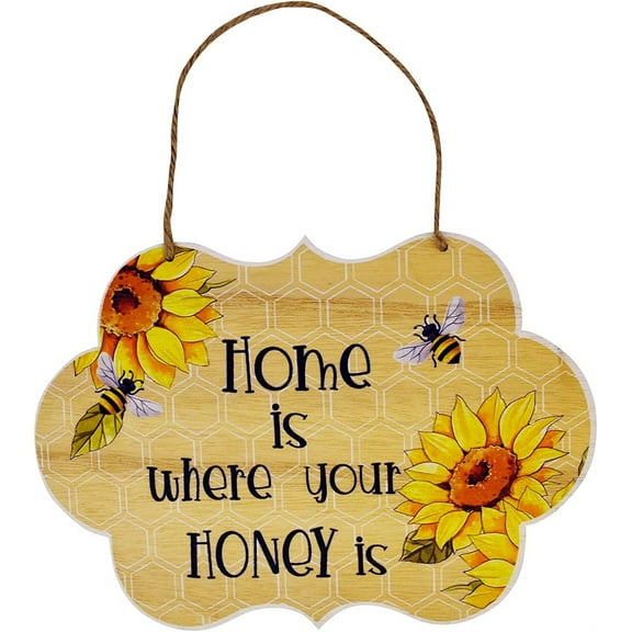 NOGIS Wooden Art Bumble Bee Sunflower Sign Door Decoration Honeycomb Wall Hanging Pendant Sweet Cute Wood Welcome Home Ornament Crafts Pastoral Decor Plaque, 8.6 x 6.3 Inch-A