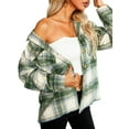 thumbnail image 3 of Women Solid Color/Plaid Print Cropped Trench Coat Fashion Lapel Neck Long Sleeve Button Down Jacket, 3 of 7