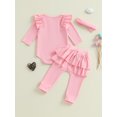thumbnail image 3 of aturustex Toddler Baby Girls 3Pcs Rompers Outfits 1M-18M Infant Ribbed Solid Bodysuits Crew Neck Romper Long Sleeve Jumpsuits with Elastic Skirt Pantspring Fall Clothes Set for Holiday Party, 3 of 6