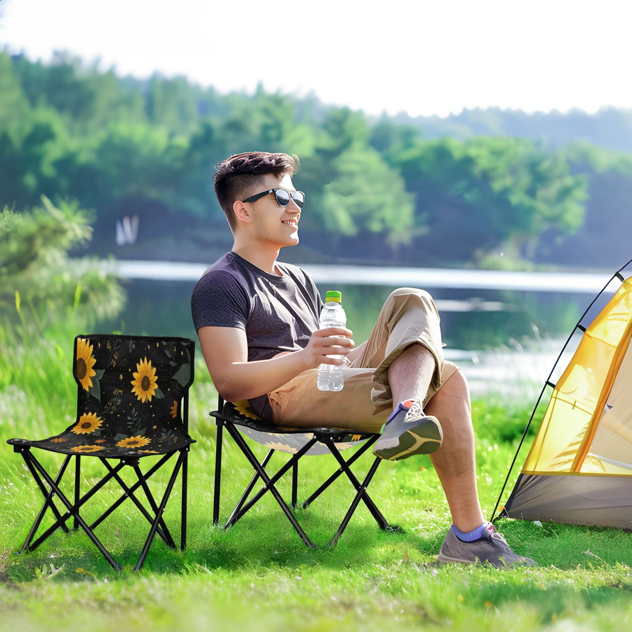 M o Z折りたたみチェア 青/黄 600D Oxford Camping Chair Portable Foldable Chair Supports 220 lbs