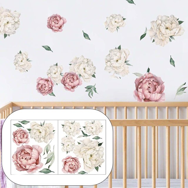 2 hojas de pegatinas de pared de flores de peonía, murales decorativos con apliques, calcomanías de pared florales para decoración de fondo de dormito Rosa oscuro Fernando Flores pegatinas de pared