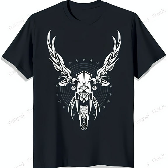 Men's Black T-Shirt with Minimalist Motorcycle Wings Graphic Design