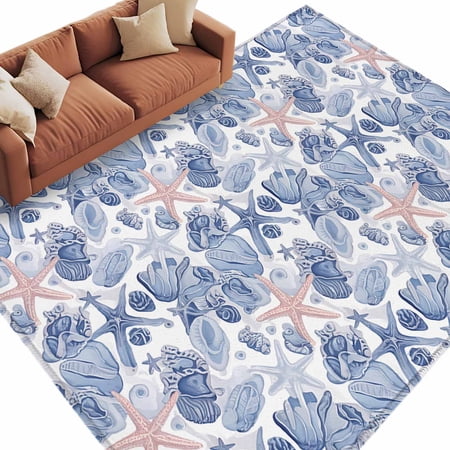 Area Rug 72&times;108in Summer Ocean Blue Starfish Shell Floor Carpet Living Room Rug Watercolor Marine Life Non-Slip Welcome Mat Indoor Rugs for Bedroom Dining Room