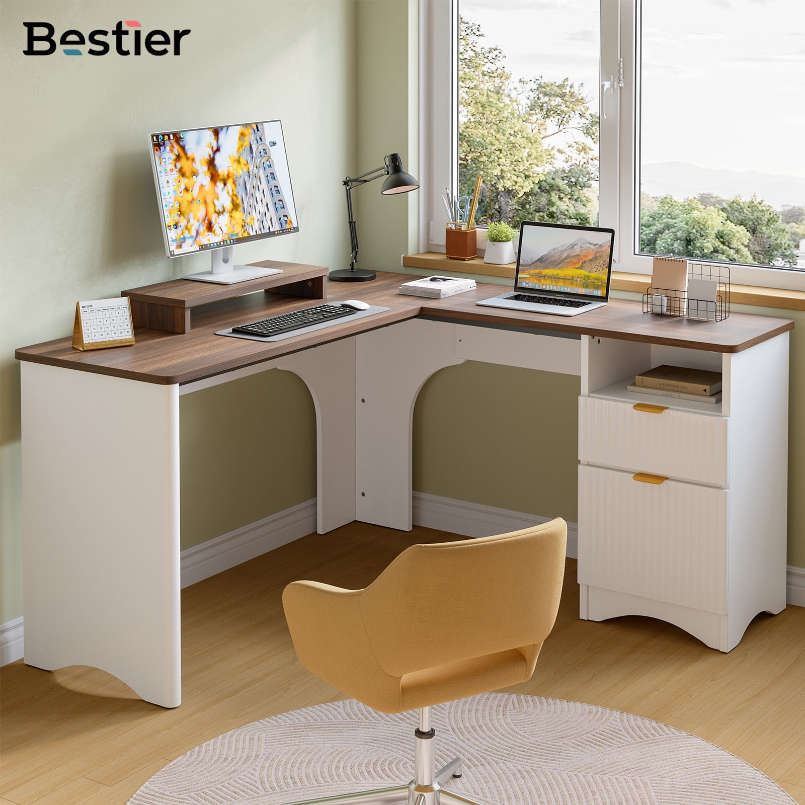 Bestier L Shaped Desk with Drawers, 55.7" x 55" Office Computer Desk with Round Corners, Monitor Stand & Fluted Panels, White & Walnut