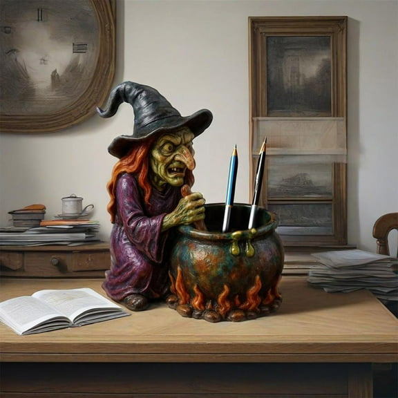 Halloween Witch Cauldron Pen Statue, Resin Desktop Decorative Ornaments, Multifunctional Pen Holder for Home Office, Halloween Party Decoration and Gifts