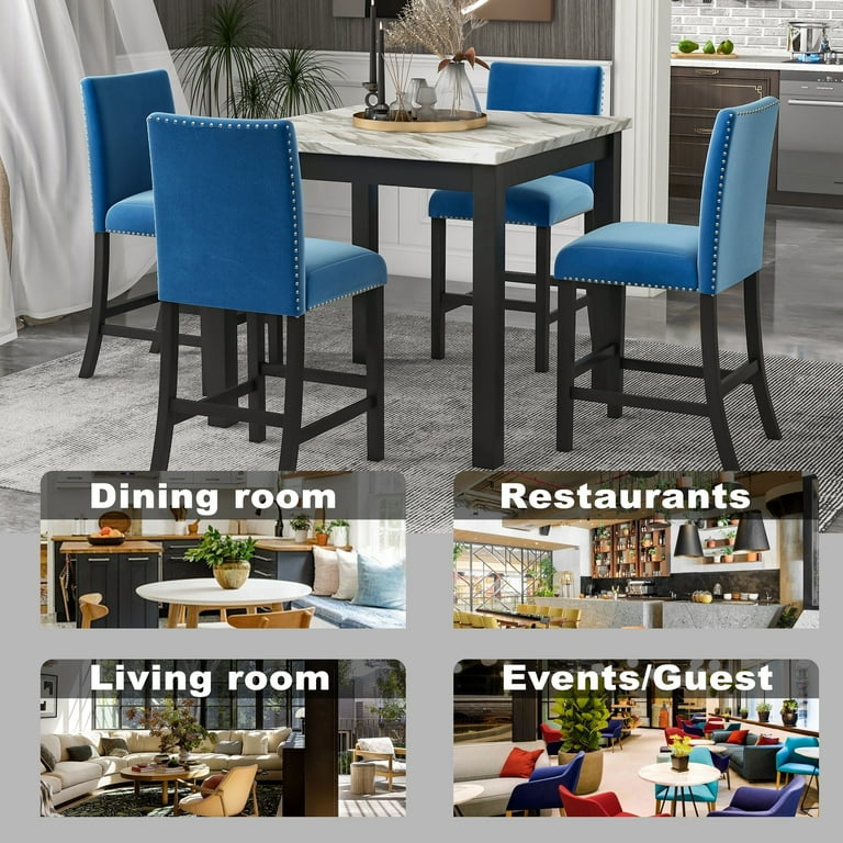5 piece Counter Height Dining Table Set with One Faux Marble Dining Table and Four Upholstered Seat Chairs Blue 40 x 40