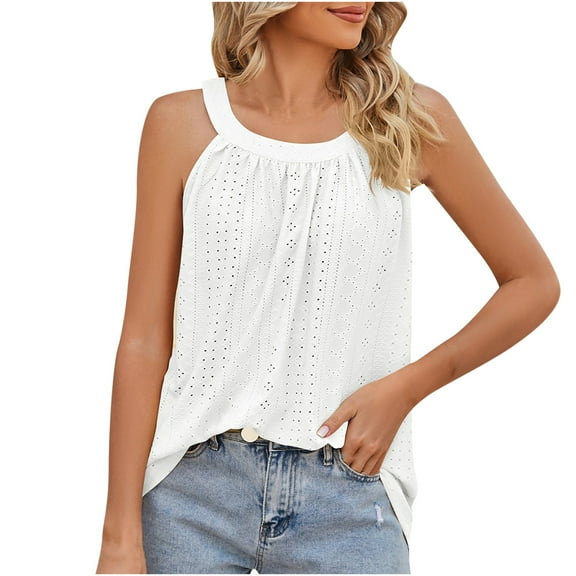 YYDGH Tank Top for Women Loose Fit Sleeveless Neck Halter Tops Dressy Casual Pleated Eyelet Summer Cami Shirts Blouse White S