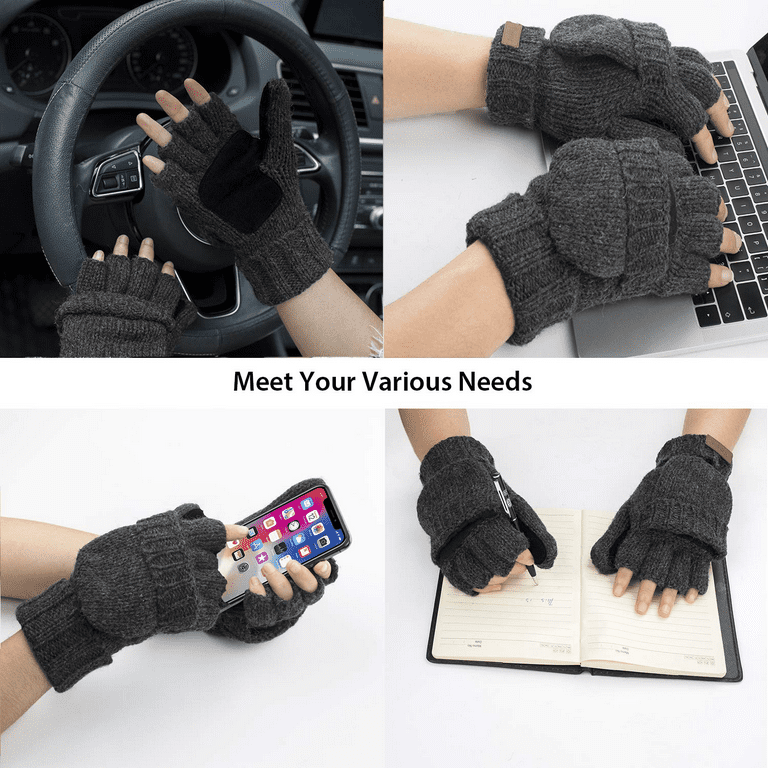 Cooplus Mittens Winter Fingerless Gloves Warm Wool Knitted Gloves Convertible Gloves for Men and Women, Adult Unisex, Size: One size, Gray