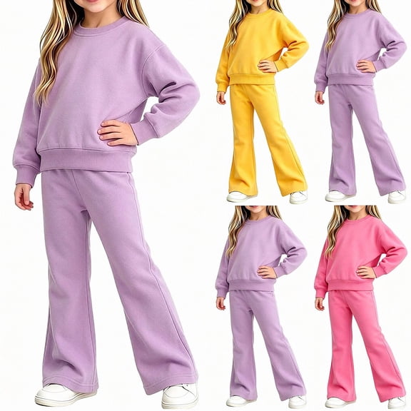 ITSAME Girls Outfit 2-Piece Cotton Crewneck Sweatshirt and Flared Sweatpants Fall Winter Casual Set Size 7