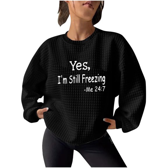 PuLe Sweatshirts Yes,I'm Still Freezing Knitted Waffle Hoodie with Pockets Oversized Pullover Hooded Sweatshirt Womens Long Sleeve