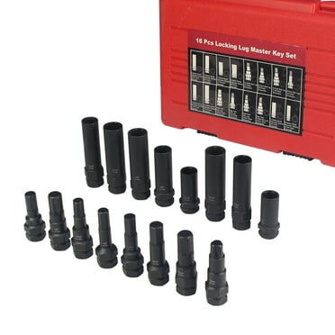 16pc Locking Lug Nut Master Key Set, SAE & Metric Wheel Lock Removal Kit for Removing Locking Spline Star Hex and Fluted Hex Lug Nuts, Lug Nut Remover Set for Mechanics and More