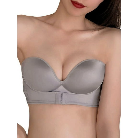 Ochine Women's Bandeau Strapless Padded Wire Free Push Up Bralette Satin Seamless Multiway Bra,Non Slip,Front Closure