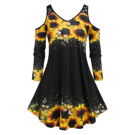 Rosegal Plus Size Cold Shoulder Sunflower Print Tee Black 3X