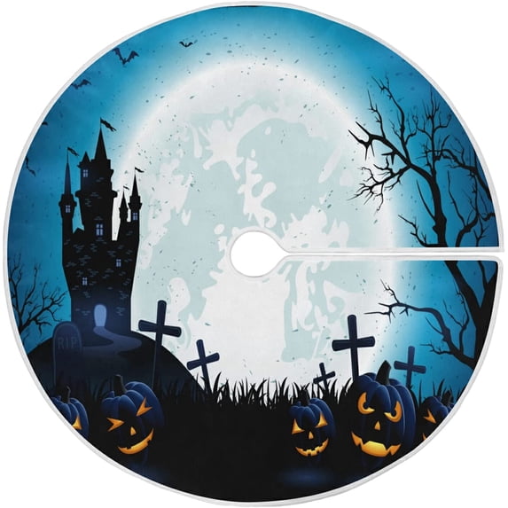 FMSHPON Halloween PumpkinDark Castle On Blue Moon Xmas Christmas Tree Skirt Stand Mat for Holiday Party Decoration Indoor Outdoor 36 inches