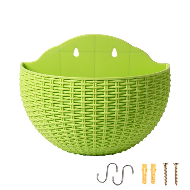 Flowerpots with Dish Ceramic, Imitation Rattan Wall Hanging Planter Semicircle Plastic Plant Baskets Container Flower Pot with Drainage and Hooks for Balcony Fence Wall Indoor Outdoor, Flower Pots